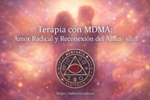Portada del artículo “Terapia con MDMA: Amor Radical y Reconexión del Alma | Nebtaris”, con fondo etéreo en tonos rosados y dorados, silueta difuminada de dos personas conectando, logo esotérico de Nebtaris en dorado en la parte inferior y la URL .