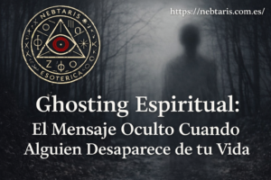 Imagen promocional para el artículo “Ghosting Espiritual: El Mensaje Oculto Cuando Alguien Desaparece de tu Vida”, con fondo de bosque oscuro y figura difuminada, logo esotérico de Nebtaris en la esquina superior izquierda y enlace https://nebtaris.com.es/ en la parte superior.