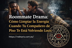 Imagen promocional para el artículo “Roommate Drama: Cómo Limpiar la Energía Cuando Tu Compañero de Piso Te Está Volviendo Loco”, con dos compañeros de piso discutiendo, humo de sahumerio para limpieza energética, el logo esotérico de Nebtaris y la URL .