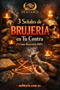 Imagen esotérica con velas, muñeco vudú, calavera y símbolo protector representando 3 señales de brujería en tu contra y cómo revertirla hoy – Nebtaris