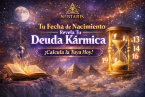 Ilustración mística sobre deuda kármica según fecha de nacimiento con símbolos esotéricos y calculadora espiritual Nebtaris