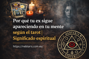 Imagen vertical con cartas del tarot, velas encendidas y humo místico, título sobre por qué tu ex aparece en tu mente según el tarot y logo de Nebtaris.