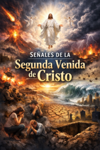 Ilustración dramática sobre las señales de la segunda venida de Cristo, con Jesús descendiendo del cielo rodeado de ángeles, mientras alrededor se muestran escenas de desastres naturales, guerras, tormentas y ciudades en llamas, y el título “Señales de la Segunda Venida de Cristo” en el centro de la imagen.