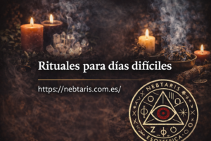 Rituales para días difíciles con velas, cristales y humo místico, imagen esotérica de Nebtaris con logo y enlace web.