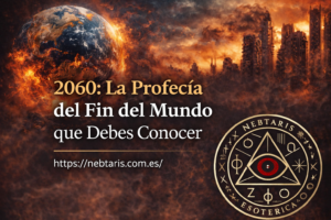 Imagen promocional “2060: La Profecía del Fin del Mundo que Debes Conocer” con planeta en llamas, ciudad apocalíptica, logo de Nebtaris y enlace web.